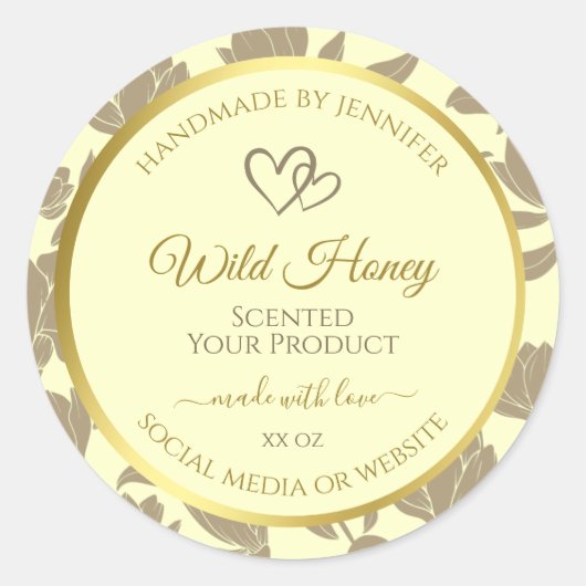クリームおよび金ゴールドフローラ製品ラベルとハート ラウンドシール (正面)