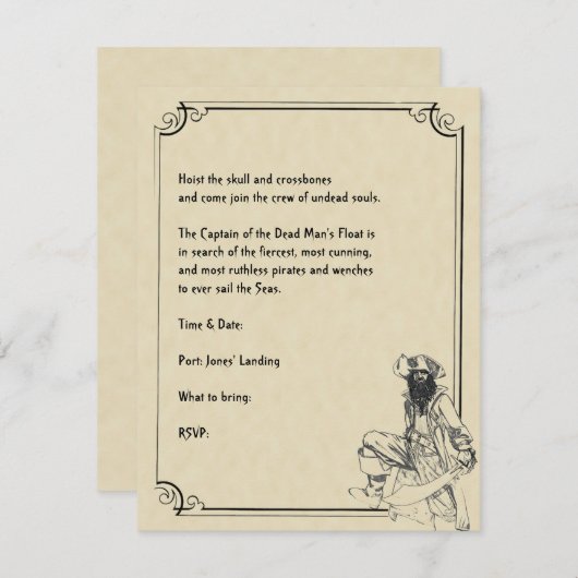 クリームおよび黒Ahoy! 海賊ハローウィンパーティ 招待状 (正面/裏面)