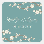 クリームさくらんぼフラムズホワイト桜ティール(緑がかった色)結婚ズ スクエアシール (正面)