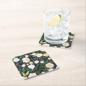クリームとアイボリーの花柄 グリッター ブラック スクエアペーパーコースター (インサイチュ)