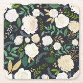 クリームとアイボリーの花柄 グリッター ブラック スクエアペーパーコースター (正面)
