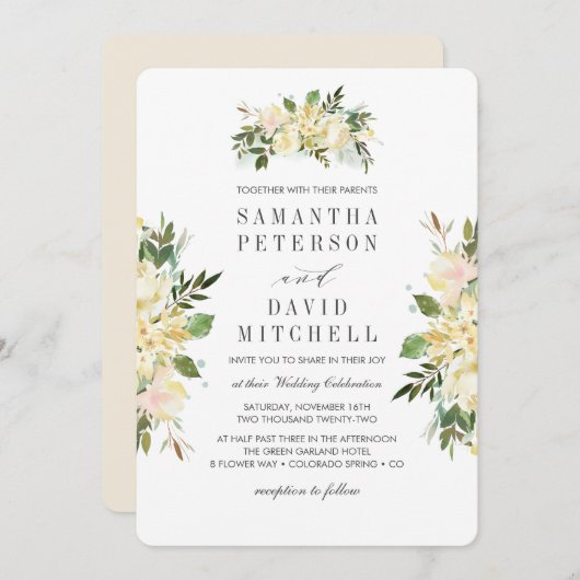 クリームとアイボリー | ボタニカル チック フラワー ウェディング 招待状 (正面/裏面)