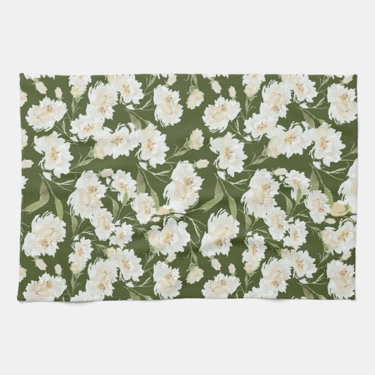クリームとオリーブの花柄 キッチンタオル (横)