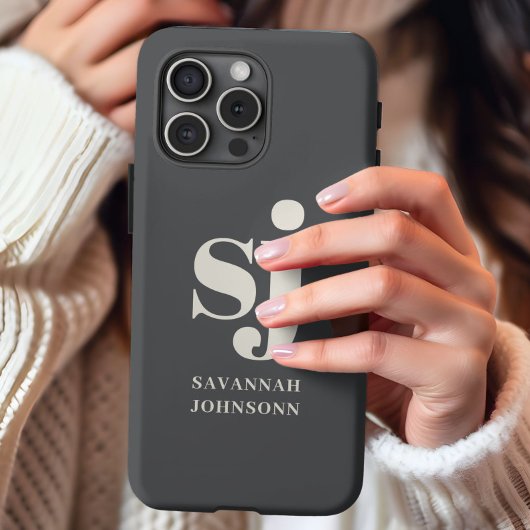 クリームとグレーのモノグラムイニシャル iPhoneケース