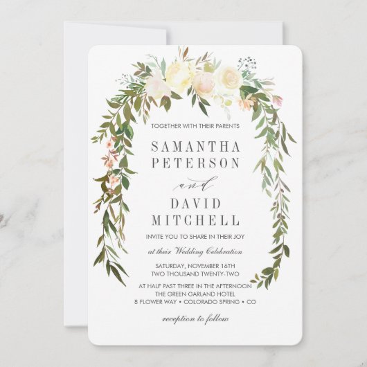 クリームとグレー |ボタニカルガーランドフローラ結婚ズ 招待状 (正面)