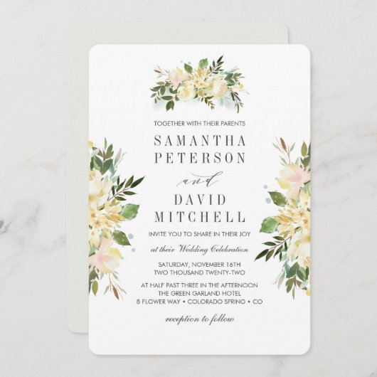 クリームとグレー |ボタニカルシックフローラ結婚ズ 招待状 (正面/裏面)