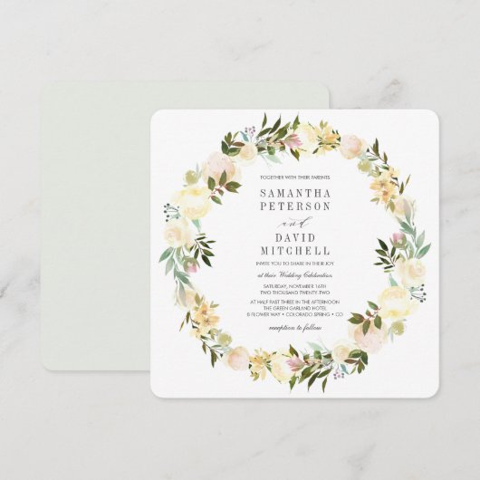 クリームとグレー | ボタニカル ガーランド フラワーの結婚式 招待状 (正面/裏面)