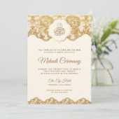 クリームとゴールドの箔押しレースのイスラム・メヘンディ式 招待状 (スタンド正面)