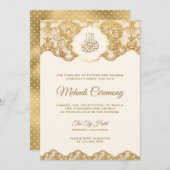 クリームとゴールドの箔押しレースのイスラム・メヘンディ式 招待状 (正面/裏面)