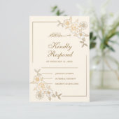 クリームとゴールドの花と葉の枝 ムスリムの結婚 出欠カード (スタンド正面)