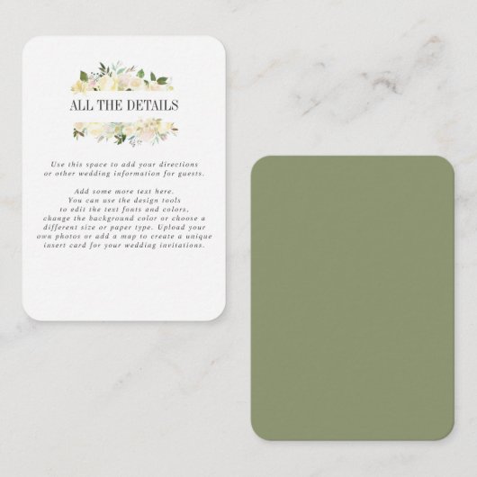クリームとセージの結婚詳細の方向 エンクロージャーカード (正面/裏面)