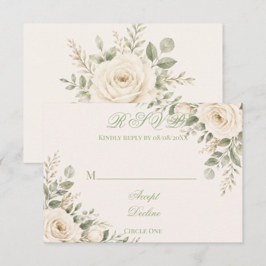 クリームとセージグリーンのグリーン装飾の結婚式 出欠カード (正面/裏面)