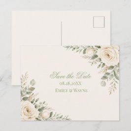 クリームとセージグリーンのグリーン Save The Date 案内ポストカード