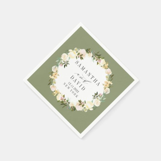 クリームとセージ結婚のフローラパーソナライズされた スタンダードカクテルナプキン (角)