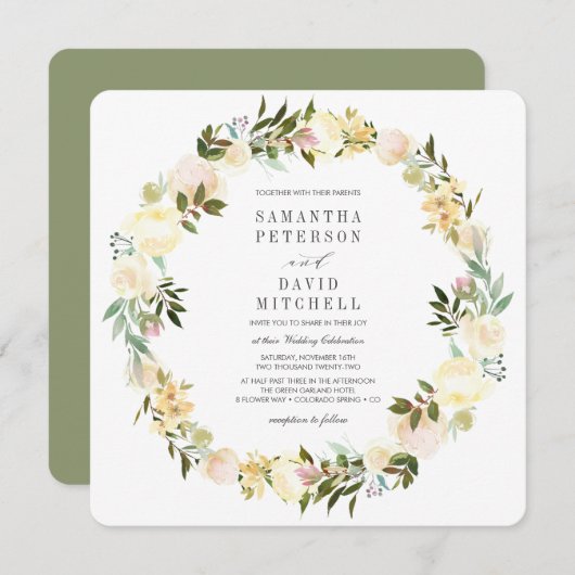 クリームとセージ |ボタニカルガーランドフローラ結婚ズ 招待状 (正面/裏面)