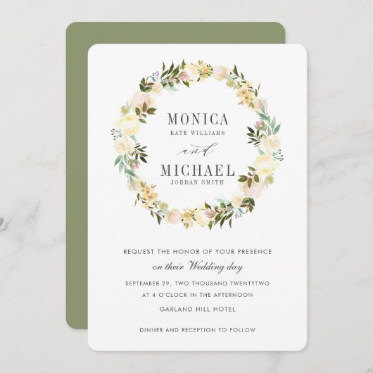 クリームとセージ |植物性フローラリース結婚ズ 招待状 (正面/裏面)