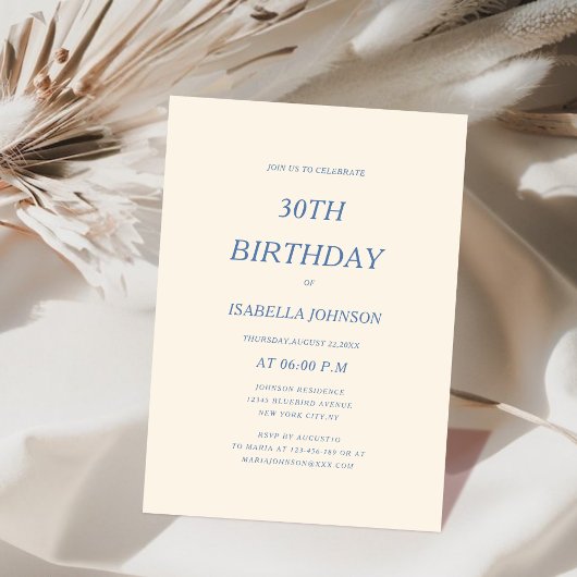 クリームとダスティブルーのクラシックな30歳の誕生日 招待状