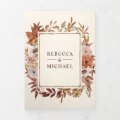 クリームとテラコッタの花のQRコード結婚式 三つ折り招待状 (カバー)