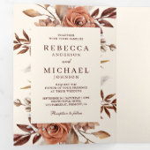 クリームとテラコッタの花のQRコード結婚式 三つ折り招待状 (内部最初)