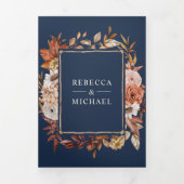 クリームとテラコッタフローラQRコード海軍結婚ズ 三つ折り招待状 (カバー)