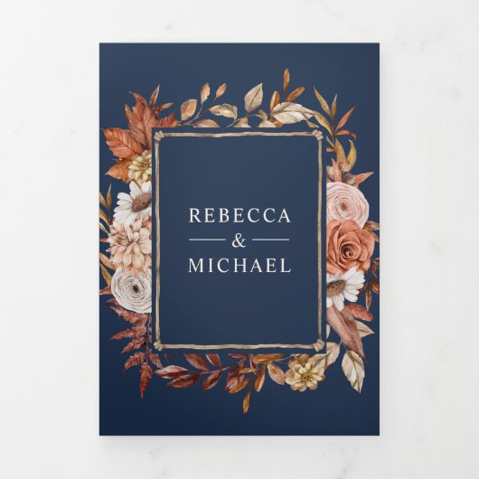 クリームとテラコッタフローラQRコード海軍結婚ズ 三つ折り招待状 (カバー)