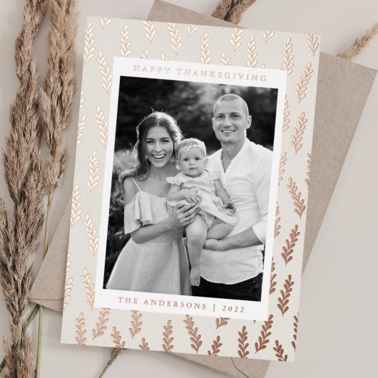 クリームとバラの金ゴールドの葉の写真の感謝祭 箔シーズンカード