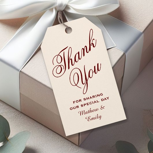 クリームとバーガンディのカスタマイズ感謝ウェディング ギフトタグ