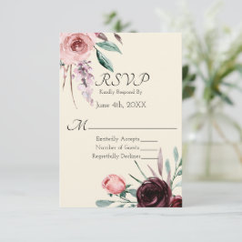 クリームとバーガンディのフラワーの結婚式RSVPカード 出欠カード