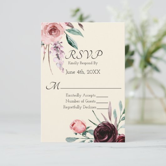クリームとバーガンディのフラワーの結婚式RSVPカード 出欠カード (スタンド正面)