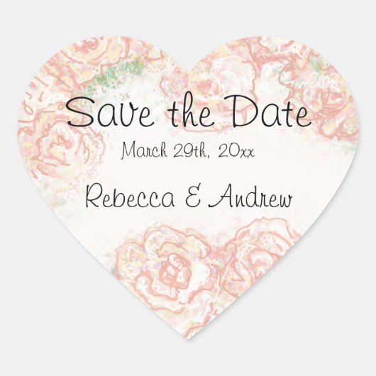 クリームとピンクのバラ日付ステッカーを保存 ハートシール (正面)
