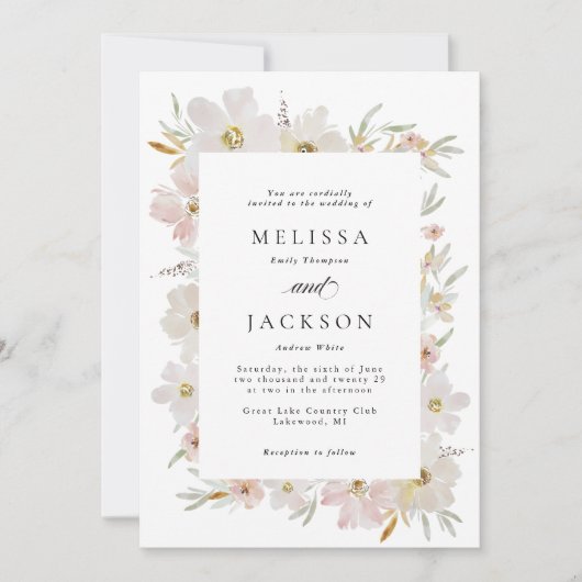 クリームとブッシュの水彩花のウェディング 招待状 (正面)