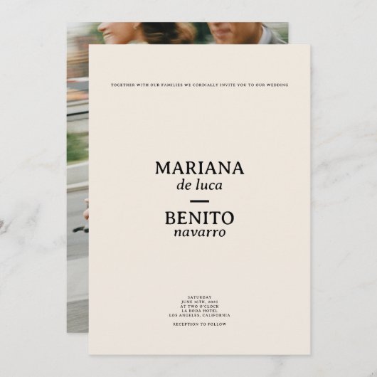 クリームとブラックモダンミニマリスト結婚の 招待状 (正面/裏面)