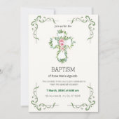 クリームとベージュのフローラ縁どバプティス 招待状 (正面)