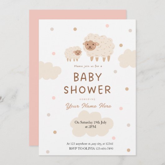 クリームと柔らかい羊のベビーシャワー招待状 招待状 (正面/裏面)