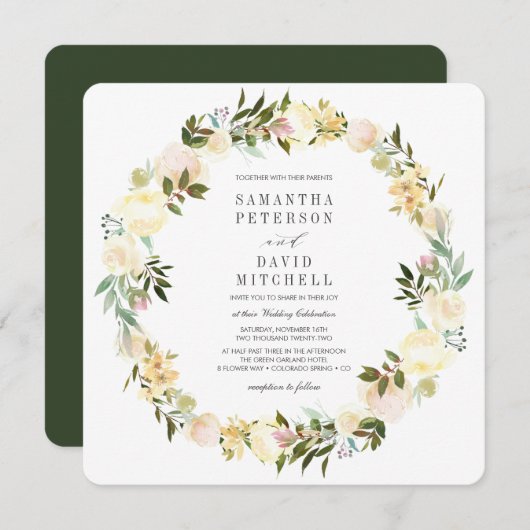 クリームと森の緑 |ガーランドフローラ結婚ズ 招待状 (正面/裏面)