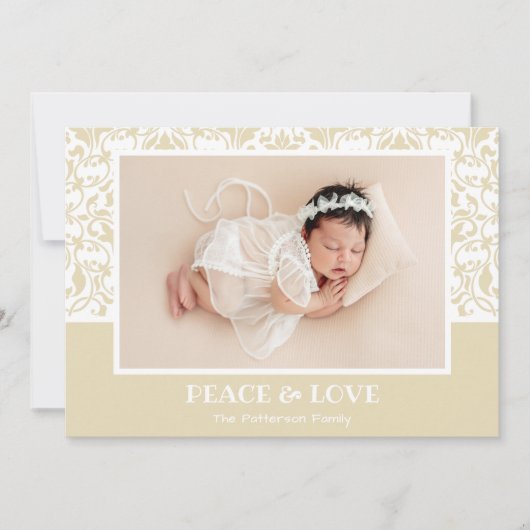 クリームと白のダマスクのクリスマスフォト シーズンカード (正面)
