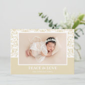 クリームと白のダマスクのクリスマスフォト シーズンカード (スタンド正面)