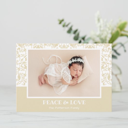 クリームと白のダマスクのクリスマスフォト シーズンカード (スタンド正面)