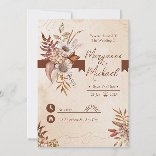 クリームと茶色のフローラ水の色日付を保存 招待状 (正面)