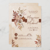 クリームと茶色のフローラ水の色日付を保存 招待状 (正面/裏面)