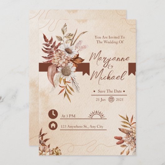 クリームと茶色のフローラ水の色日付を保存 招待状 (正面/裏面)