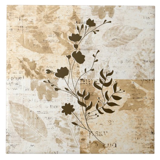 クリームと茶色の装飾フローラタイル タイル (正面)