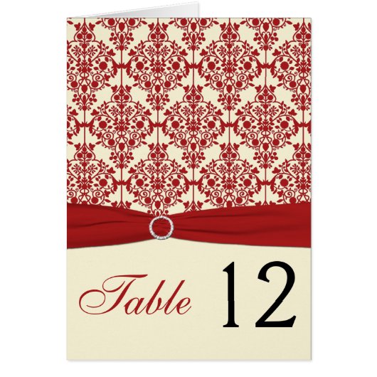 クリームと赤のダマスクのテーブル番号カード (正面)