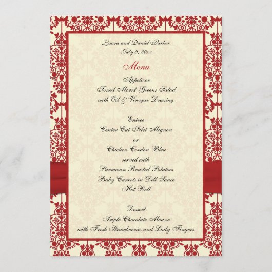 クリームと赤のダマスクの結婚式のメニューカード メニュー (裏面)