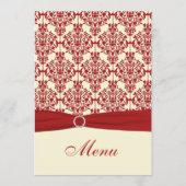 クリームと赤のダマスクの結婚式のメニューカード メニュー (正面)