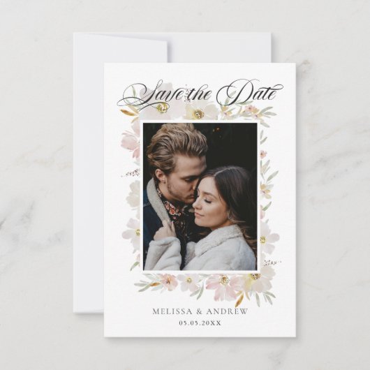 クリームと赤面の水彩花の保存日付 セーブザデート (正面)