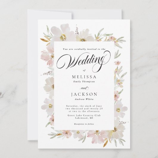 クリームと赤面水彩結婚花 招待状 (正面)