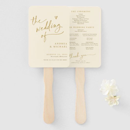 クリームと金ゴールドおもしろい結婚式 プログラムファン ハンドファン (正面&裏面)