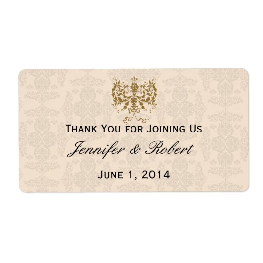 クリームと金ゴールドダマスクのウォーターボトルラベル ラベル (正面)