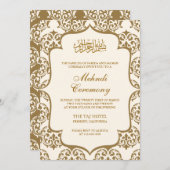 クリームと金ゴールドダマスクイスラムの結婚式 招待状 (正面/裏面)